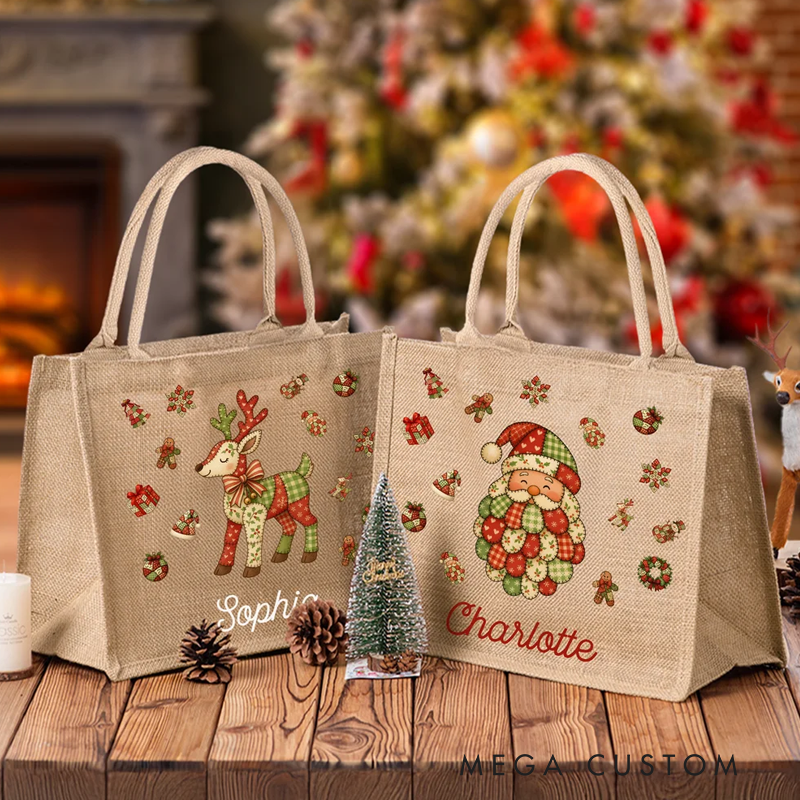 Personalized Patchwork Element Christmas Tree Santa Claus Large Jute Tote Bag with Name Christmas Gift for Family Kids