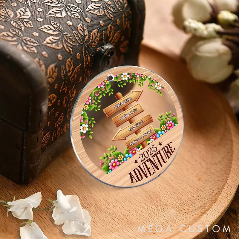 Personalized Adventure Signposts Flower Acrylic Hanging Ornament with Year and Travel Destinations Christmas Birthday Gift for Travel Adventure Lovers