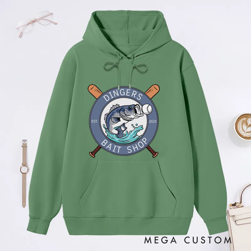 Personalized Dingers Bait Shop Hoodie Funny Fishing Sweatshirt Boys Baseball Gifts Unique Fish and Baseball Design Perfect Gift for Fishing Enthusiasts