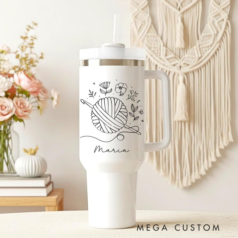 Personalized 40oz & 20oz Tumbler with Handle Crochet Lover Tumbler Yarn Lover Gift