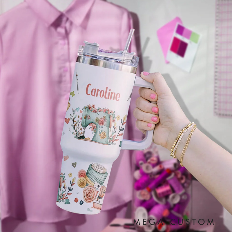 Personalized Sewing Theme 40oz Food Grade Stainless Steel Tumbler with Name Birthday Mother's Day Knitting Gift for Sewing Lover