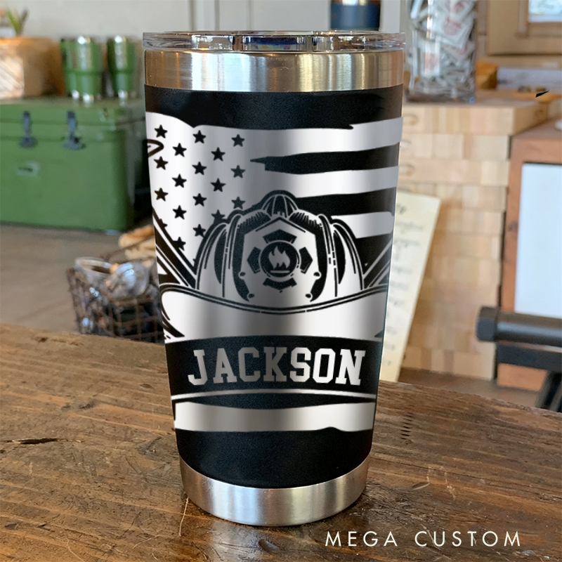 Personalized Multicolor Firefighter Engraved Steel Tumbler with Custom Name Helmet and Axe Design Durable Gift for Firefighters