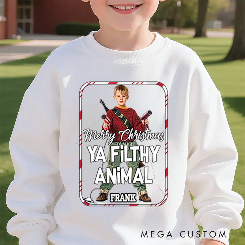 Personalized Kids Sweatshirt and Holiday Pullover Hoodies with Iconic Movie Design Featuring Festive Phrase and Photo for a Playful Christmas Vibe