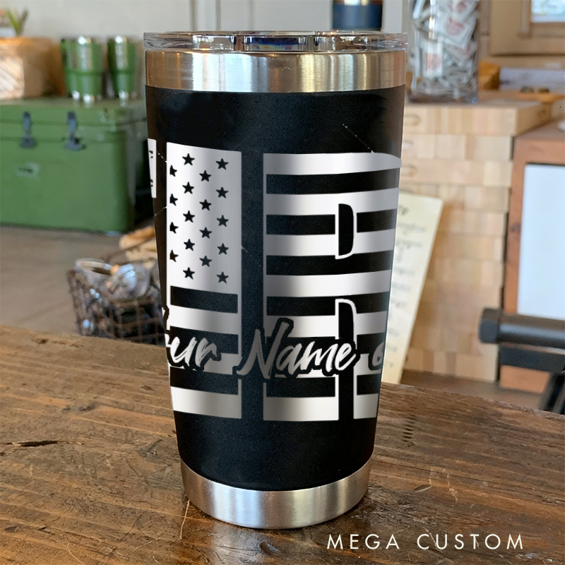 Personalized Multicolor Firefighter Engraved Steel Tumbler with Custom Name and American Flag Design Durable Gift for Firefighters