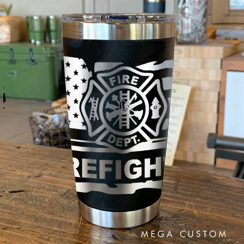 Personalized Multicolor Firefighter Engraved Steel Tumbler with Fire Department Logo Axe and American Flag Design Durable Gift for Firefighters