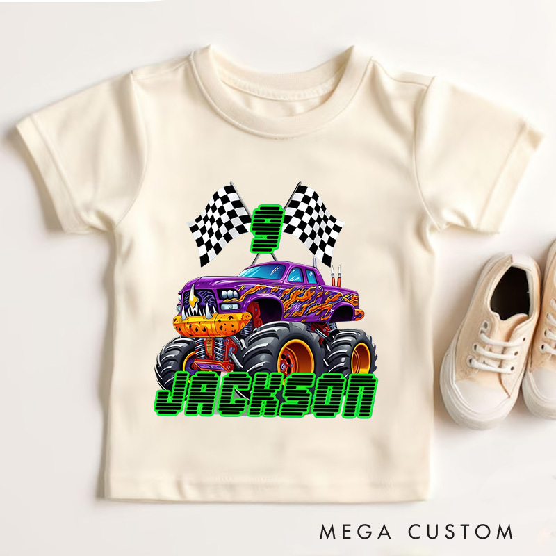 Personalized Big Wheel Off-Road Truck Multicolor Kid's T-shirt Sweatshirt Hoodie with Age and Name Birthday Christmas Gift for Kids