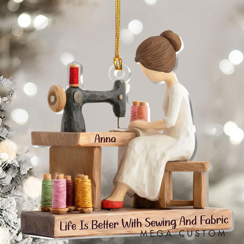 Personalized Sewing Ornament My Sewing Space Is My Happy Place Acrylic Ornament, Sewing Christmas Ornaments