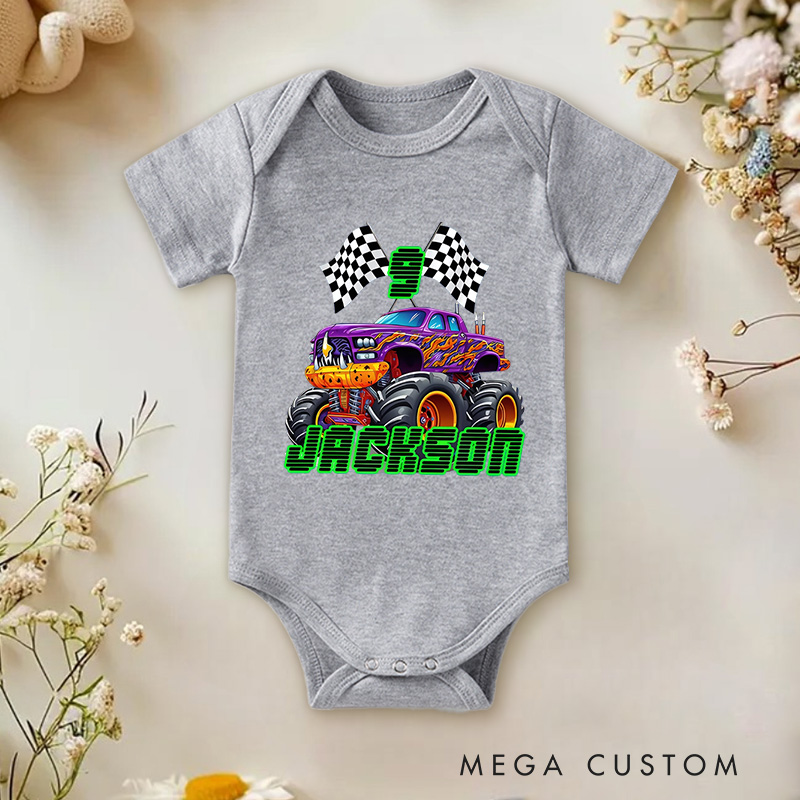 Personalized Big Wheel Off-Road Truck Multicolor Baby Bodysuit with Age and Name Birthday Christmas Gift for Baby