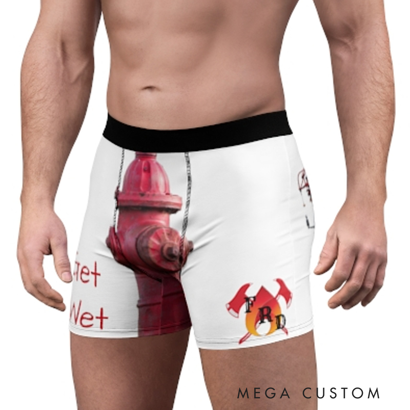 Personalized Firefighter Themed Funny Boxers with Fire Hydrant and Get Wet Design Playful Gift for Firefighter