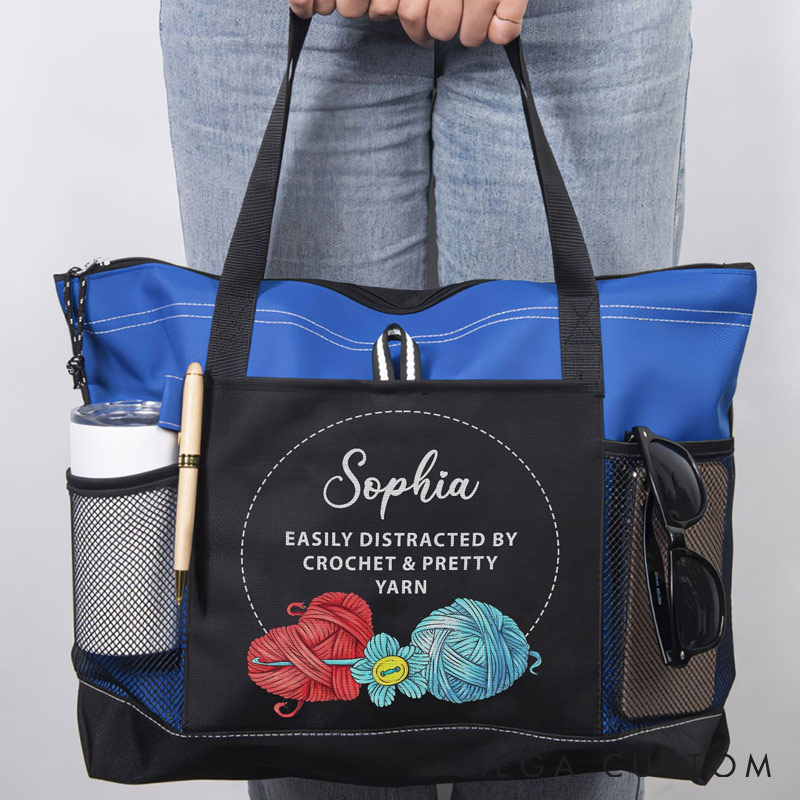 Personalized Easily Distracted By Knitting And Pretty Yarn Tote Bag Gift For Crocheter And Knitter