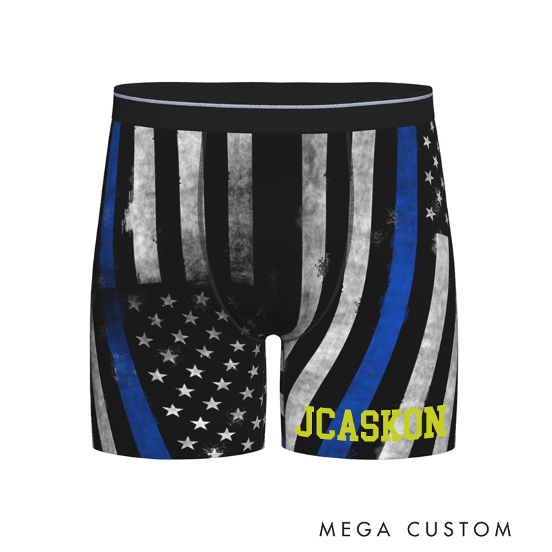 Personalized Police Themed Boxers with Thin Blue Line American Flag Design Custom Name Gift for Police Officers