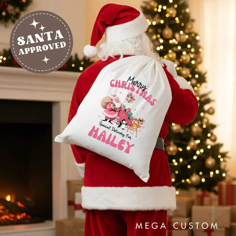 Personalized Retro Santa Bag Merry Christmas Pink Santa Christmas Sack with Name Elf Christmas Gift Sack Adult Christmas Eve Bag Large