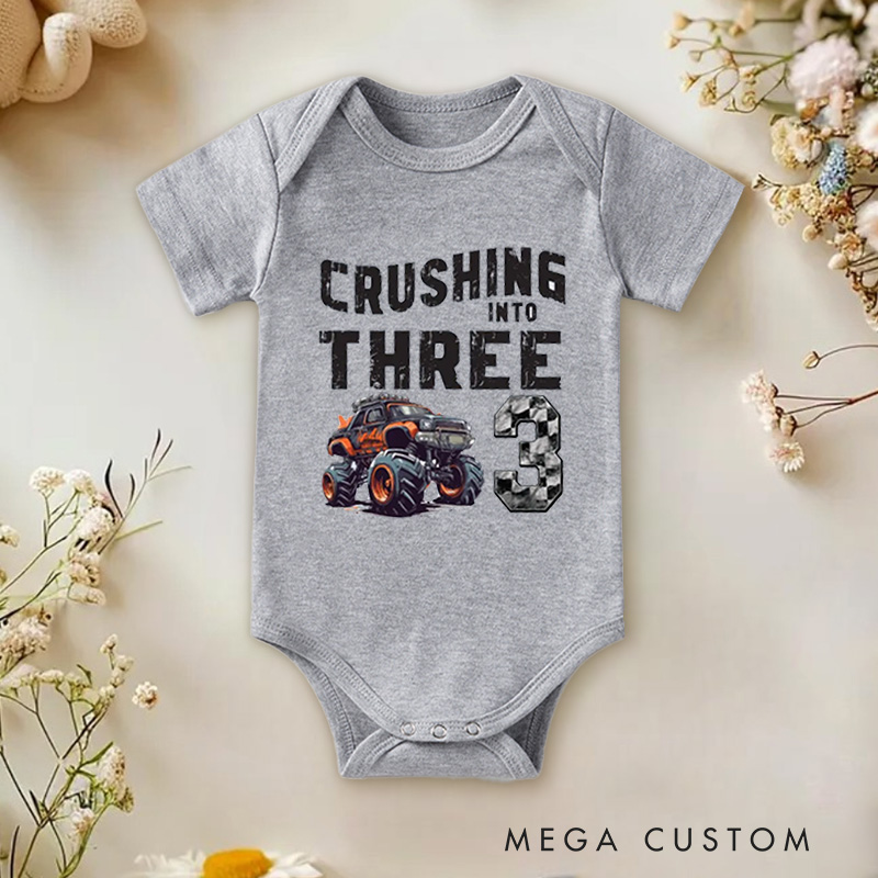 Personalized Crushing into Three Monster Truck Birthday Baby Bodysuit Monster Truck Party Birthday Boy Bodysuit Racing Bodysuit Truck Yeah Shirt 