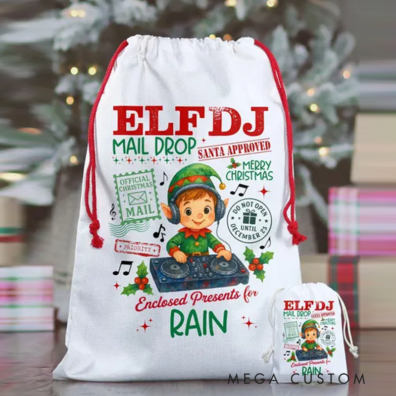 Personalized Elf Santa Bag Custom Christmas Gift Bag for Kids Music Lover Custom Name Gift Bag for Boys Christmas Gift Sack Xmas Presents Sack