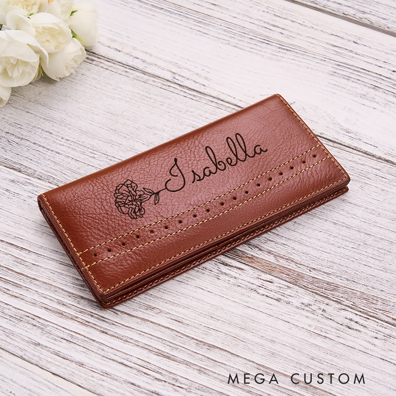 [Copy]Personalized Women Leather Wallet Birth Flower Women Wallet Engraved Leather Wallet Leather Purse Birth Flower Monogram Wallet Women's Purse Gift For Her Gift For Mother Birthday Gift