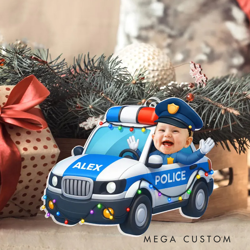 Personalized Kid Face Police Car Cartoon Personalized Acrylic Photo Ornament Christmas Gift for Grandkids Custom Kid Face Car Toys Cop Face Kid