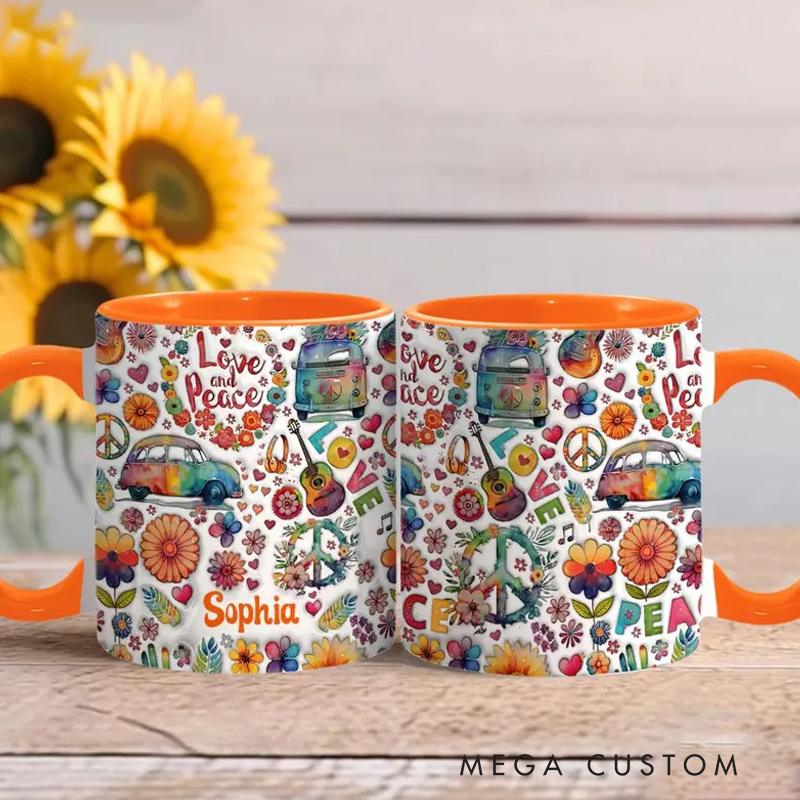 Personalized Hippie Accent Mug Love and Peace Accent Mug Flower Van Guitar Peace Sign Coffee Mug Ceramic Mug Custom Mug