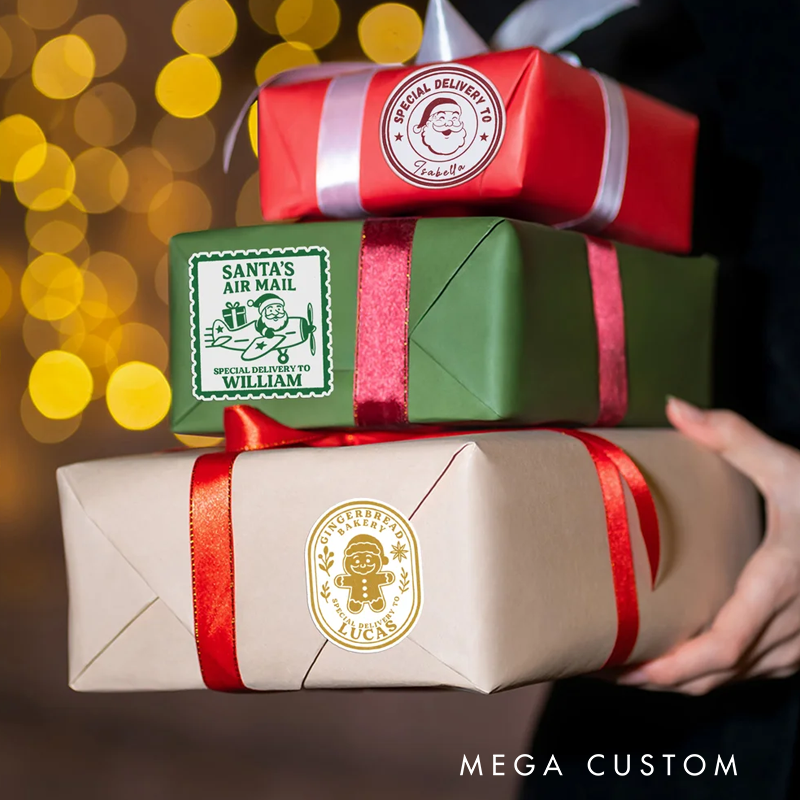 Personalized Stamp Style Christmas Elements Waterproof Sticker with Name Gift Decoration Christmas Gift for Family Kids