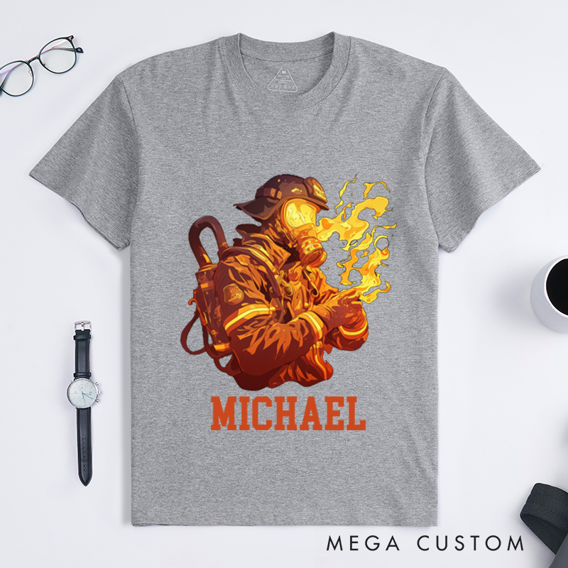 Personalized Firefighter T-Shirts Custom Firefighter Flames Graphic Design T-Shirt Firefighter Dad Gift