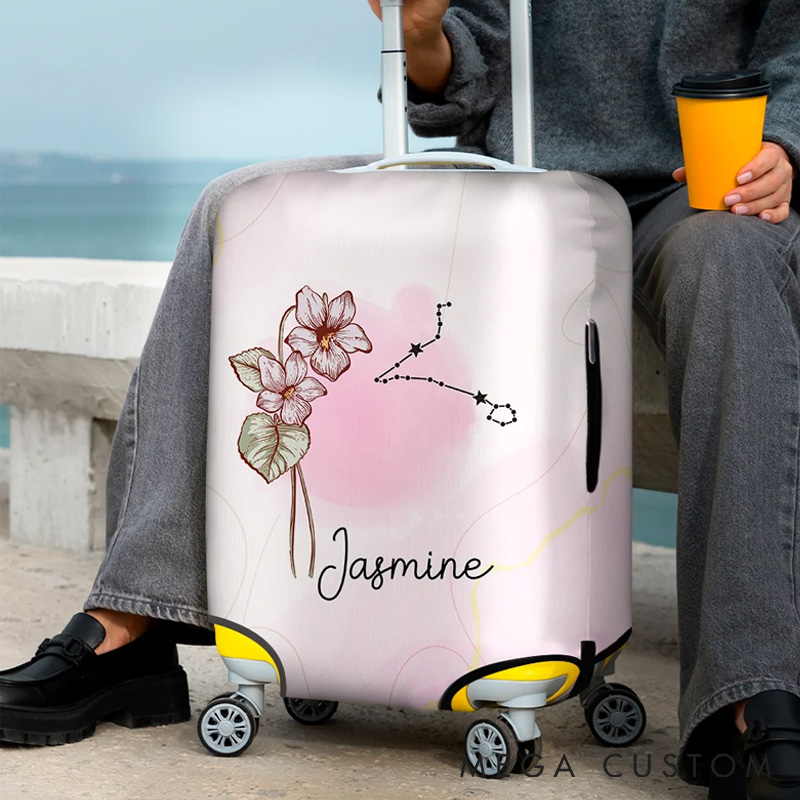 Personalized A Girl Who Really Loved Traveling Birth Flower Constellation Luggage Cover Fits 18-32 Inches Suitcase Birthday Gift for Her