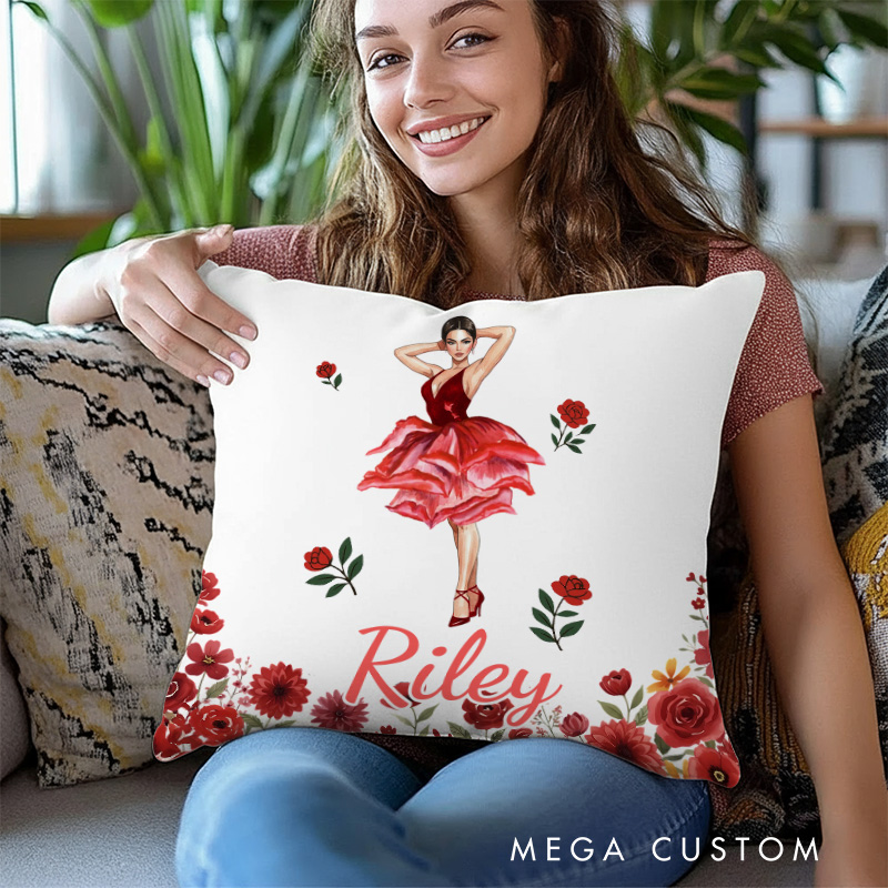 Personalized Birth Flower Latin Dance Girl Throw Pillow with Name Home Decor Anniversary Birthday Gift for Girls Women Dancers