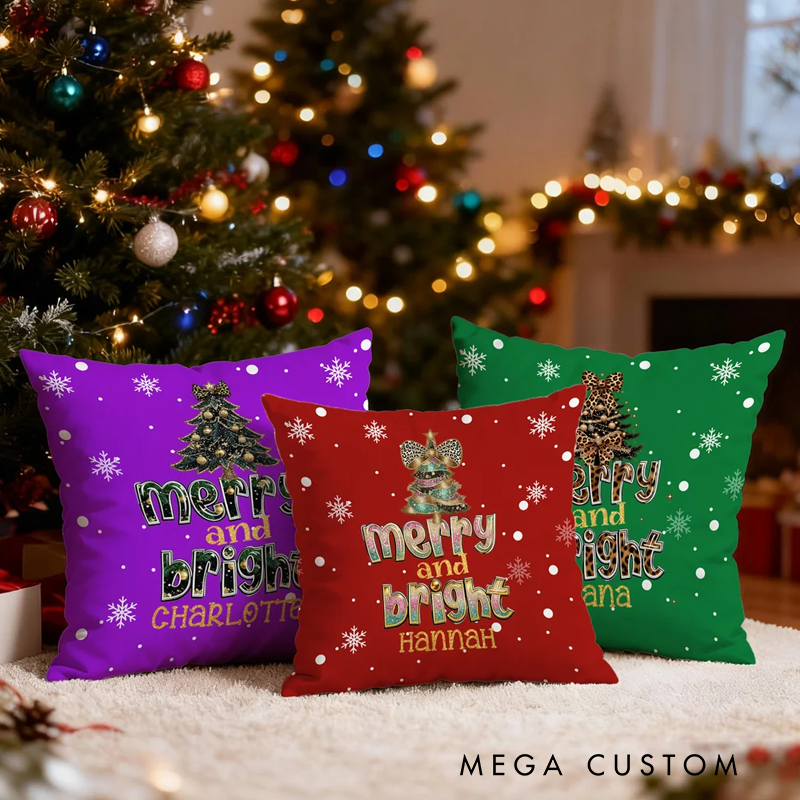 Personalized Merry and Bright Leopard Print Bow Christmas Tree Soft Throw Pillow Cover with Name Home Decor Christmas Gift for Kids Family