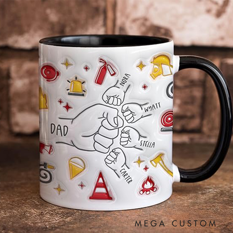 Personalized Firefighter Themed 3D Effect Mug with Dad and Kids Names Design Unique Gift for Firefighters