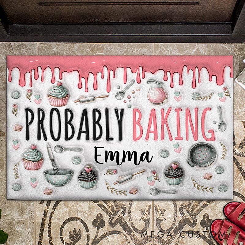 Personalized Probably Baking Doormat Custom Welcome Mat for Baker with Name Washable Non-Slip Kitchen Doormat Baking Lover Gift