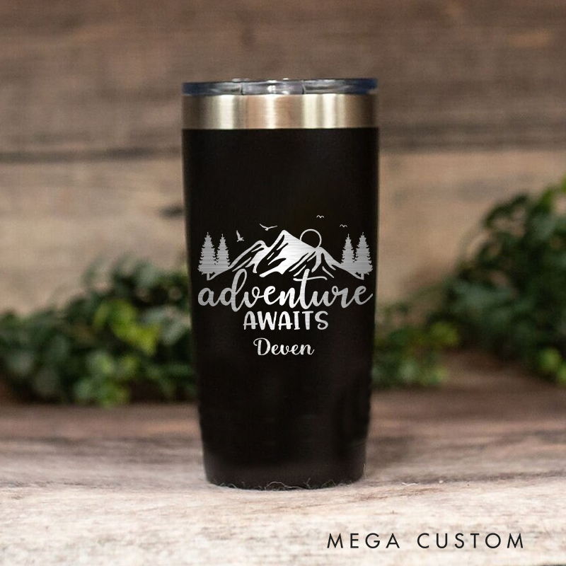 Personalized Outdoor Adventure Tumbler Adventure Awaits Coffee Tumbler Hiking Camping Mug Gift for Outdoor Lover