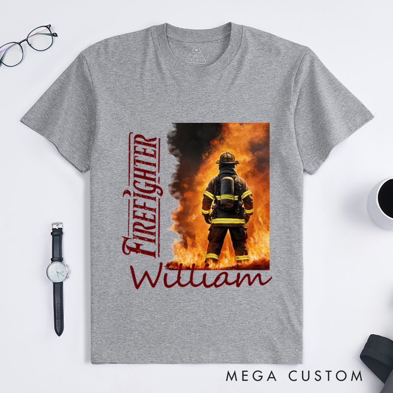 Personalized Heroic Firefighter and Flames Illustration Design Gift for Firefighter T-Shirt