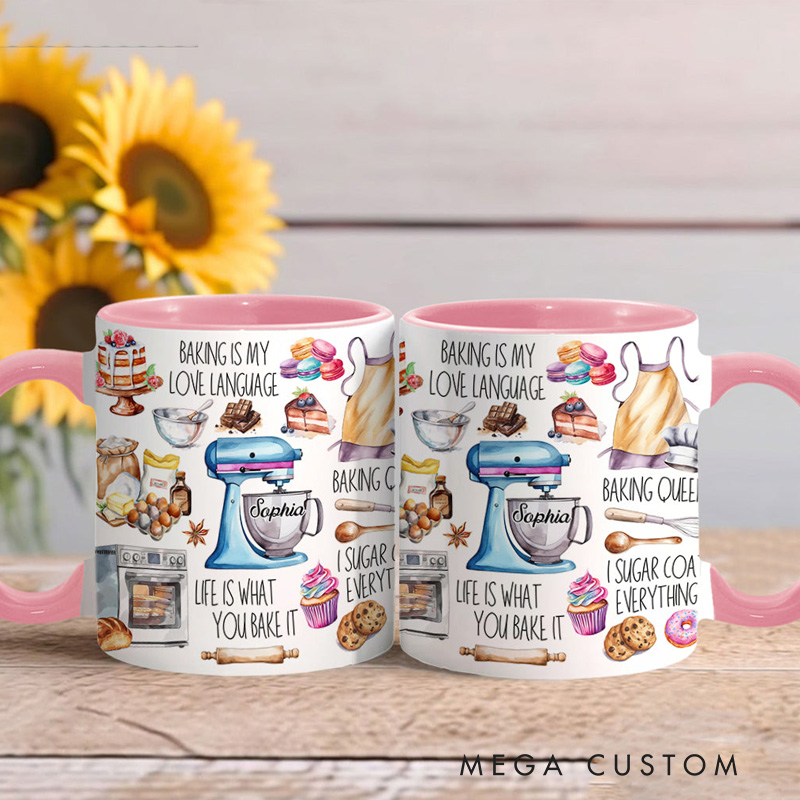 Personalized Baking Is My Love Language Mug 11oz Ceramic Baking Accent Mug with Name Coffee Cup for Baker Mom Sister Daughter Baking Lover Gift