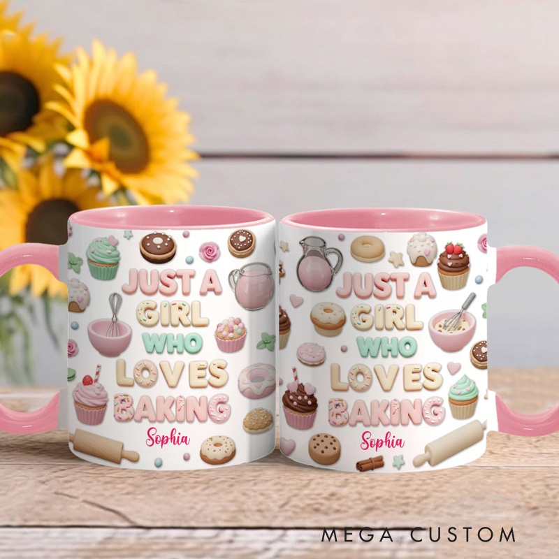 Personalized Just A Girl Who Loves Baking Mug 11oz Ceramic Baking Accent Mug with Name Coffee Cup for Baker Mom Sister Daughter Baking Lover Gift