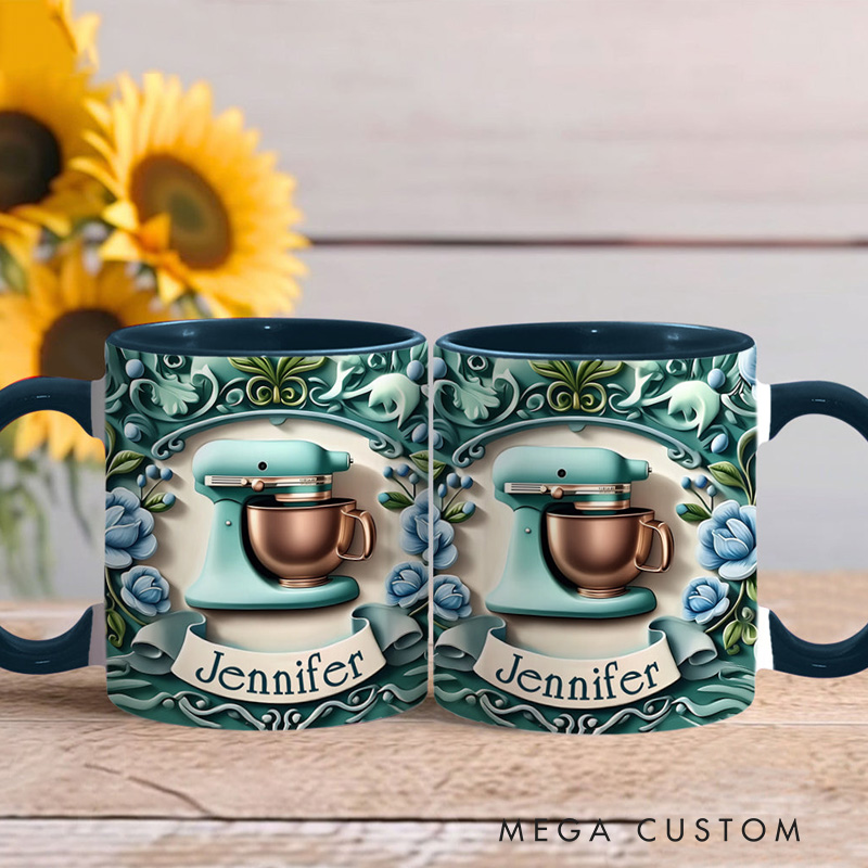 Personalized Baking Mixer Mug 11oz Ceramic Baking Accent Mug with Name Floral Coffee Cup for Baker Mom Sister Daughter Baking Lover Gift