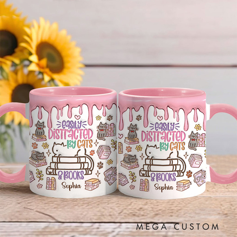 Personalized Easily Distracted By Cats and Books Mugs Custom Book Accent Mug with Name Fall Bookworm Coffee Mug for Reader Book Lover Librarian Gift