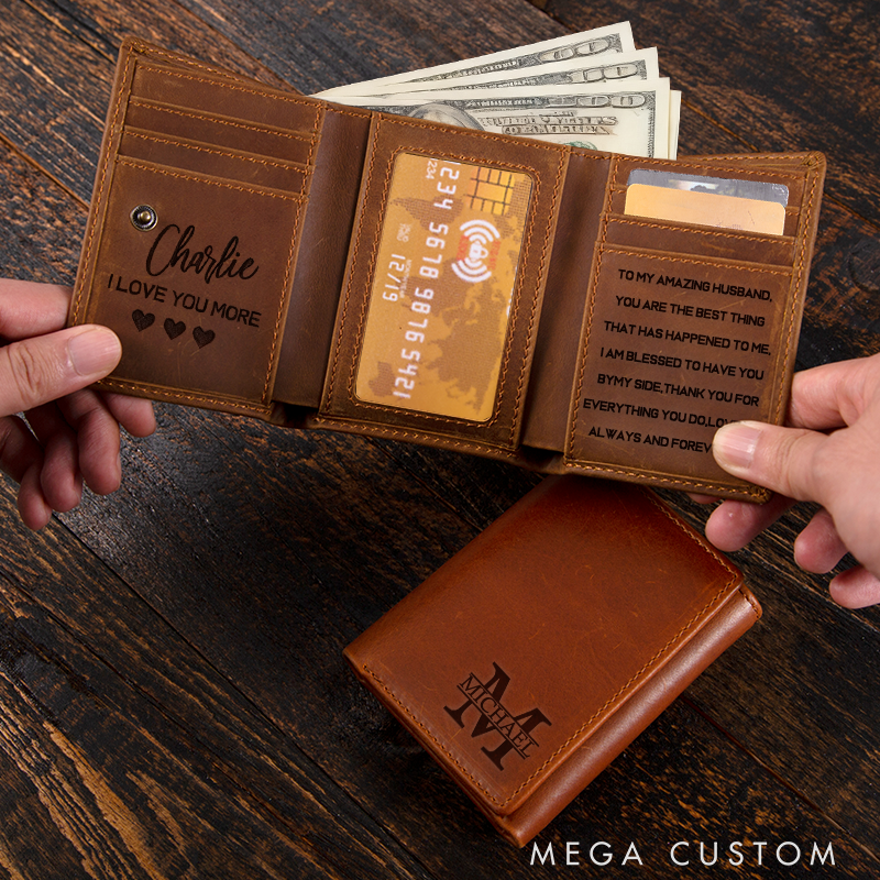 Personalized Engraved Trifold Wallets Mens Leather Wallet 1 2 3 Year Anniversary Gifts Christmas Husband Gift Boyfriend Gift