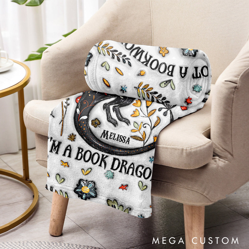 Personalized I'm Not A Book Worm I'm A Book Dragon Throw Blanket Custom Book Blanket for Fantasy Book Lover Bookish Blanket with Name for Bookworm Librarian Gift