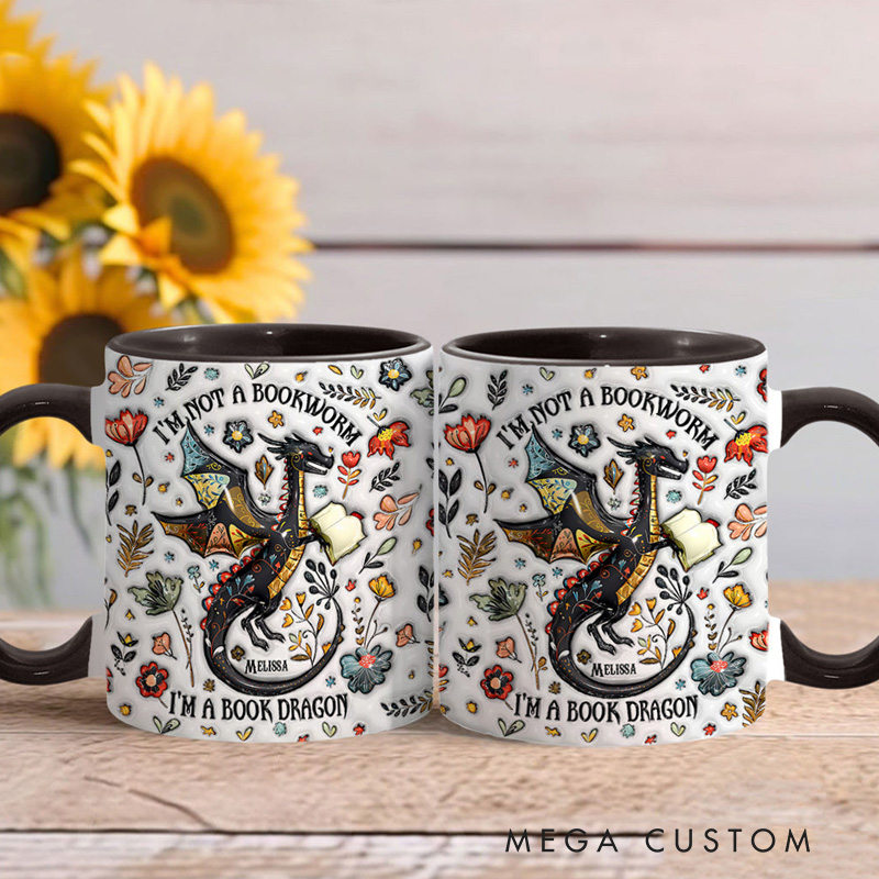 Personalized I'm Not a Book Worm I'm a Book Dragon Mugs Custom Book Accent Mug with Name Bookworm Coffee Cup for Reader Bookworm Book Lover Librarian Gift