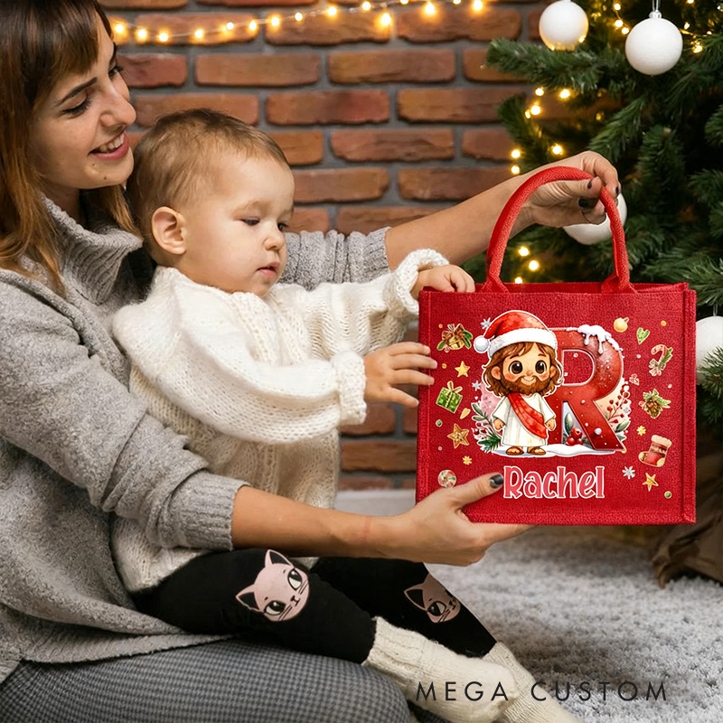 Personalized Cute Jesus Virgin Mary Reusable Red Jute Tote Gift Bag with Initial and Name Religious Christmas Party Gift for Family  Kids