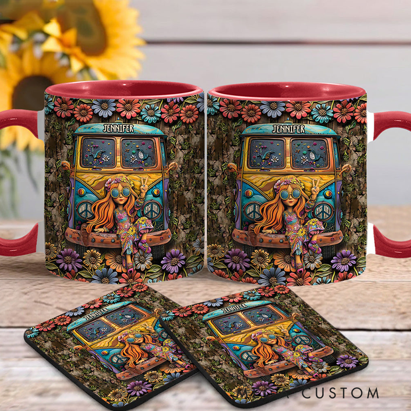 Personalized Hippie Accent Mug Hippie Lover Gifts for Girls Travel Cup Colorful Hippie Car Hippie Coffee Mug Bohemian Coffee Mug Peace Love Cup