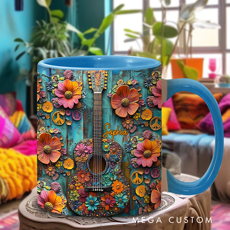 Personalized Hippie Accent Mug Vintage Hippie Guitar Hippie Lover Gifts Colorful Hippie Coffee Mug Bohemian Coffee Mug