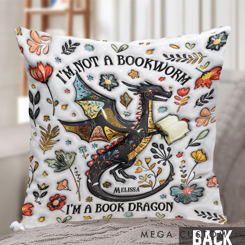 Personalized I'm Not a Book Worm I'm a Book Dragon Throw Pillow with Name Library Pillow Cover with Book Names for Fantasy Book Lovers Readers Bookworm Gift