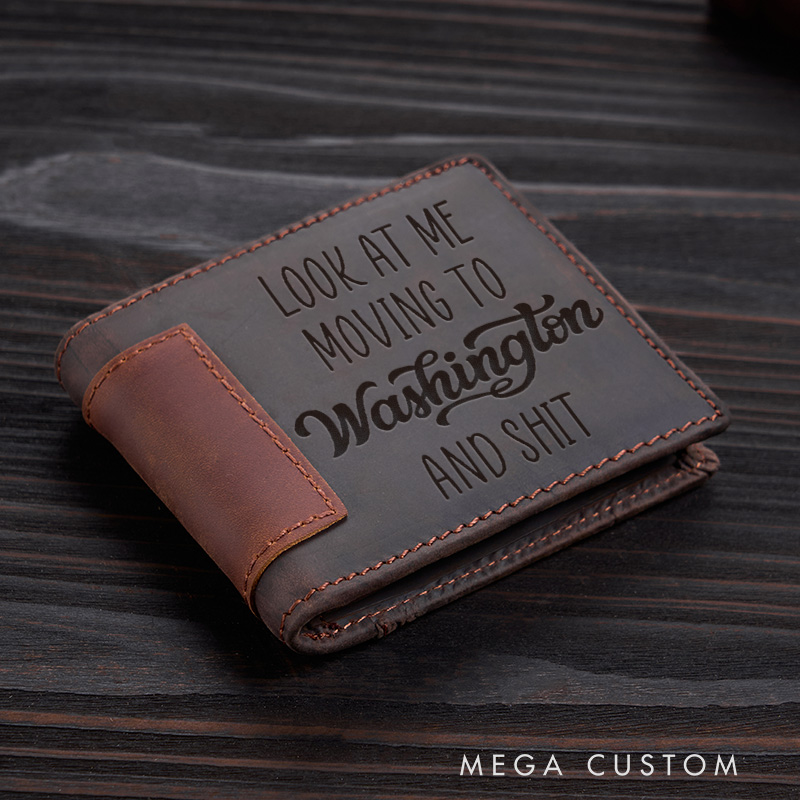 Personalized Leather Wallet Custom Engraved Design Moving To Washington Theme Unique Gift For Him Durable Bifold Wallet With Stylish Engraving
