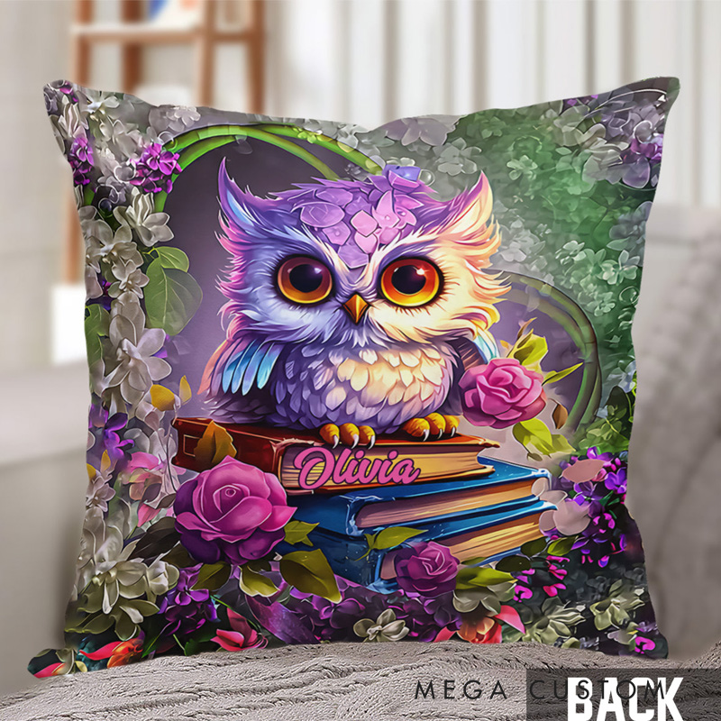 Personalized Owl Book Throw Pillow with Name Library Floral Book Pillow Cover with Names for Fantasy Book Lovers Readers Bookworm Gift