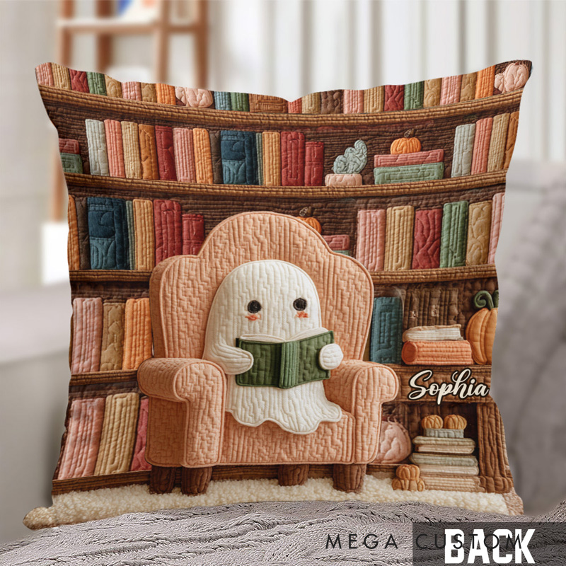 Personalized Bookish Throw Pillow with Name Reading Ghost Book Pillow Cover with Names for Book Lovers Readers Bookworm Gift