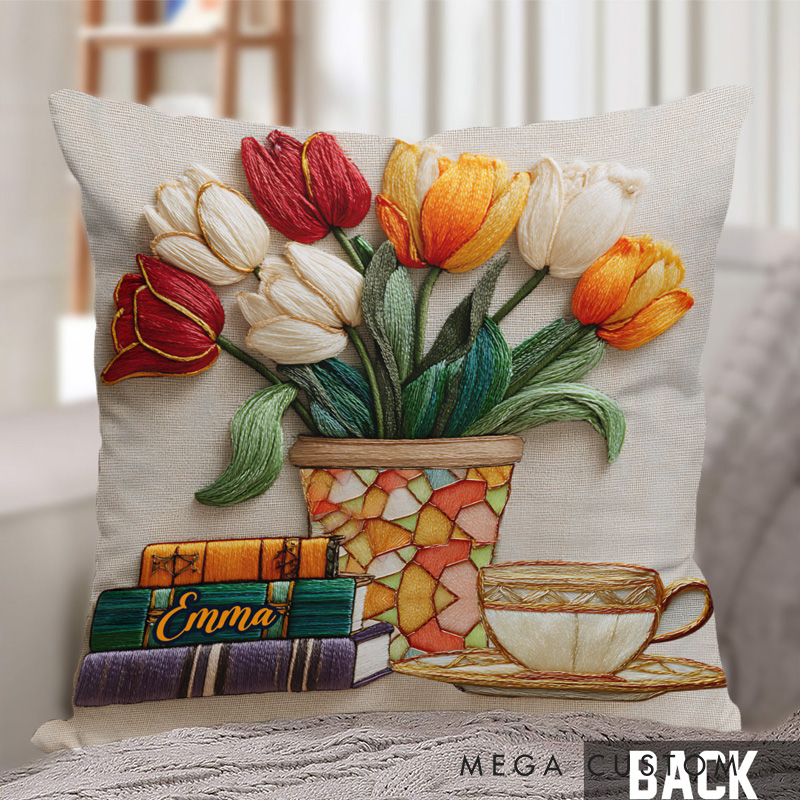 Personalized Books and Flowers Throw Pillow with Name Floral Book Pillow Cover with Names for Book Lovers Readers Bookworm Gift