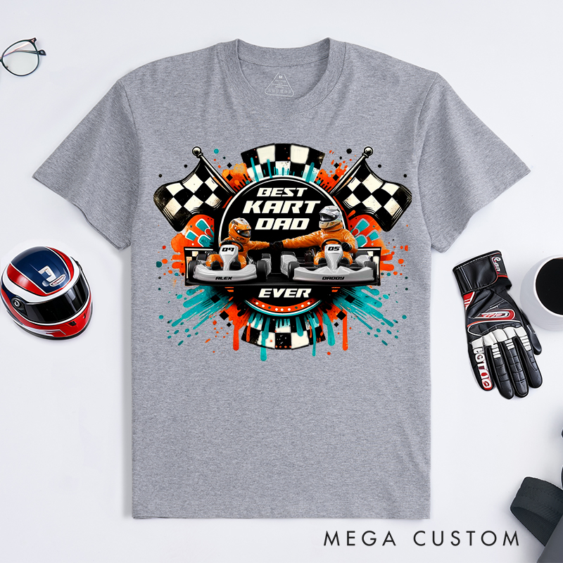Personalized Kart Racing Dad and Kid T-Shirt Custom Names and Numbers Gift for Racing Families and Kart Lovers