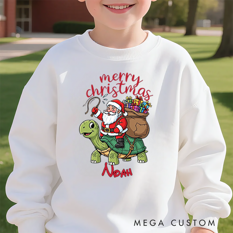 Personalized Kids Sweatshirt and Holiday Pullover Featuring Santa and Turtle Design for a Cheerful Christmas Atmosphere