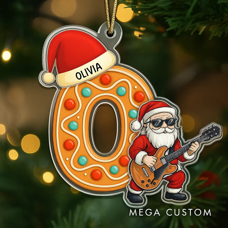 Personalized Festive Gingerbread Letters With Santa Hat Playing Guitar Custom Shaped Acrylic Ornament