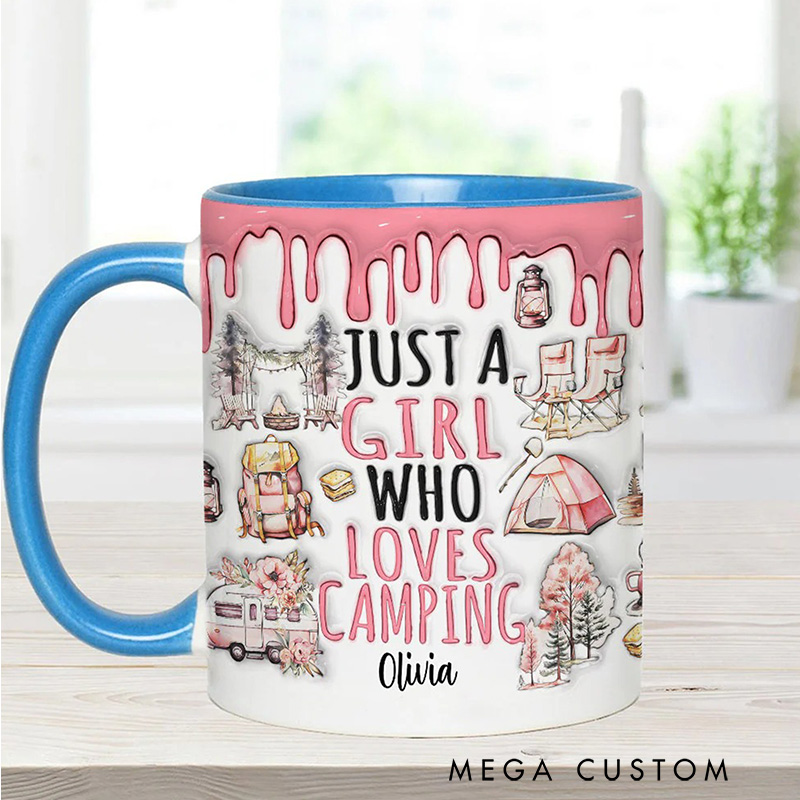 Personalized Just a Girl Who Loves Camping Mug Outdoors Adventure Mountains Camper Hiking Cup Gift for Kid Outdoors Lovers