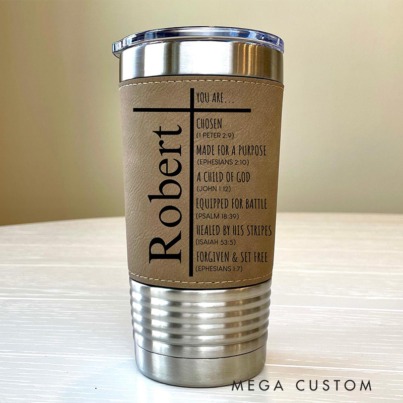 Personalized Cross You Are Chosen 20oz Vintage Leather Tumbler for Men Religious Retirement Baptism Birthday Gift for Christian